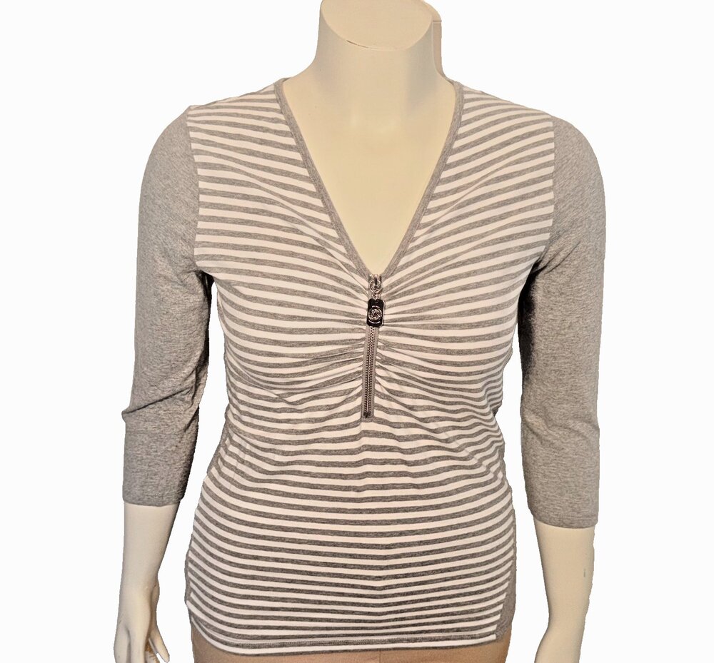 Michael Kors Top Blouse Womens L Gray White Stripe 1/2 Zip V-Neck  3/4 Sleeve